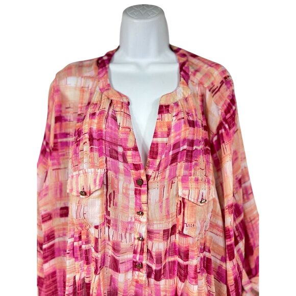 Avenue Womens Pink & Peach Abstract Printed Blouse 30/32 Button-Up Pocket Detail - Picture 7 of 15